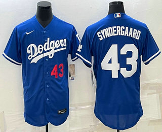Mens Los Angeles Dodgers #43 Noah Syndergaard Number Blue Stitched MLB Flex Base Nike Jersey->->MLB Jersey